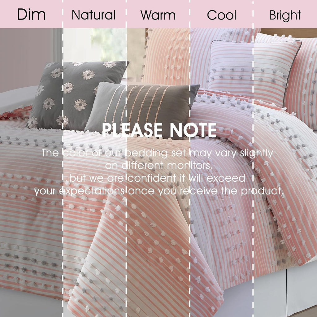 LANCO MODERN LIFESTYLE King Comforter Set, Pink, Jaquard Clip Striped Design, Elegant Soft 7 Pieces Bedding Set for All Seasons, Matching Bedskirt, Pillow Shams and Decor Pillows