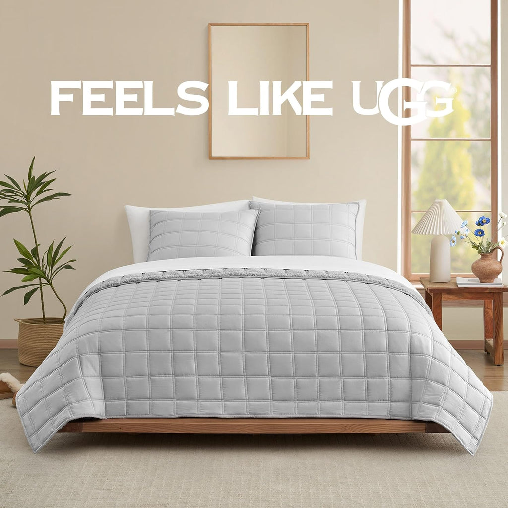 UGG Twin/Twin XL Quilt Set with 1 Pillow Sham – 2 Piece Lightweight All-Season Bedspread, Ultra-Soft Fluffy Reversible Quilt Set for Dorm, Apartment & Modern Bedroom Decor, Light Gray (Gizelle)