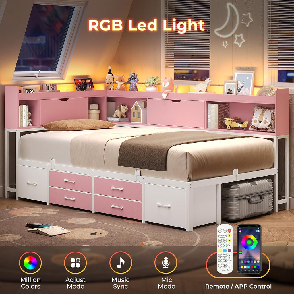 AOGLLATI Twin Corner Bed Frame with Bookcase and Hidden Storage & Metal Platform Twin Size Daybed with 6 Drawers,Charging Station, Led Lights- for Kids, Teens, Pink
