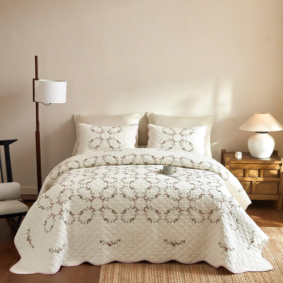 MarCielo 3Pcs Cotton French Country Floral Quilt Bedspread Set Cottagecore Style TC154