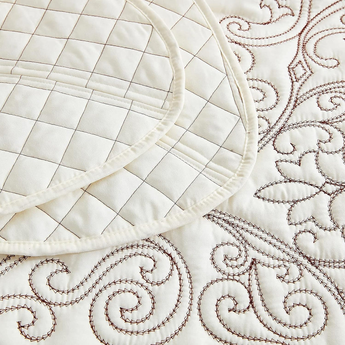 CHIXIN Bedspread Coverlet Set Queen Size - Lightweight Bedding Cover - Beautiful Stitching - 5 Piece Reversible Bedspread - Luxury Damask Paisley Pattern (Queen, Ivory)
