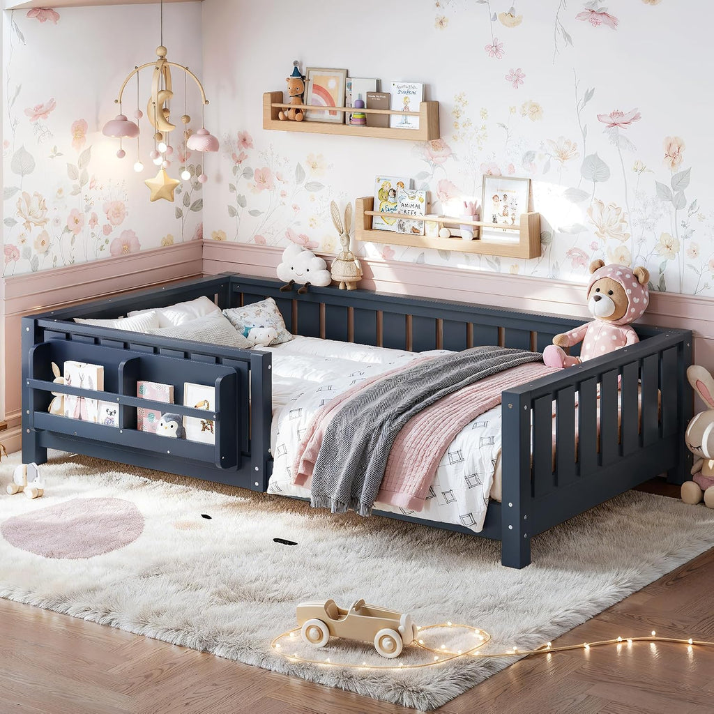 Bellemave Twin Floor Bed with Rails and Slats, Twin Size Montessori Floor Bed with Bookshelf and Fence, Easy Assemble Montessori Beds Frame for Girls, Boys, Blue