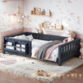 Bellemave Twin Floor Bed with Rails and Slats, Twin Size Montessori Floor Bed with Bookshelf and Fence, Easy Assemble Montessori Beds Frame for Girls, Boys, Blue