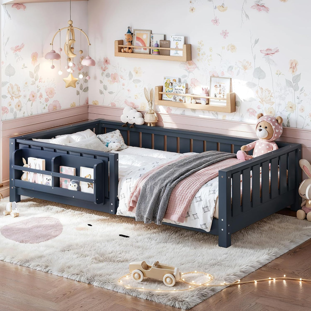 Bellemave Twin Floor Bed with Rails and Slats, Twin Size Montessori Floor Bed with Bookshelf and Fence, Easy Assemble Montessori Beds Frame for Girls, Boys, Blue