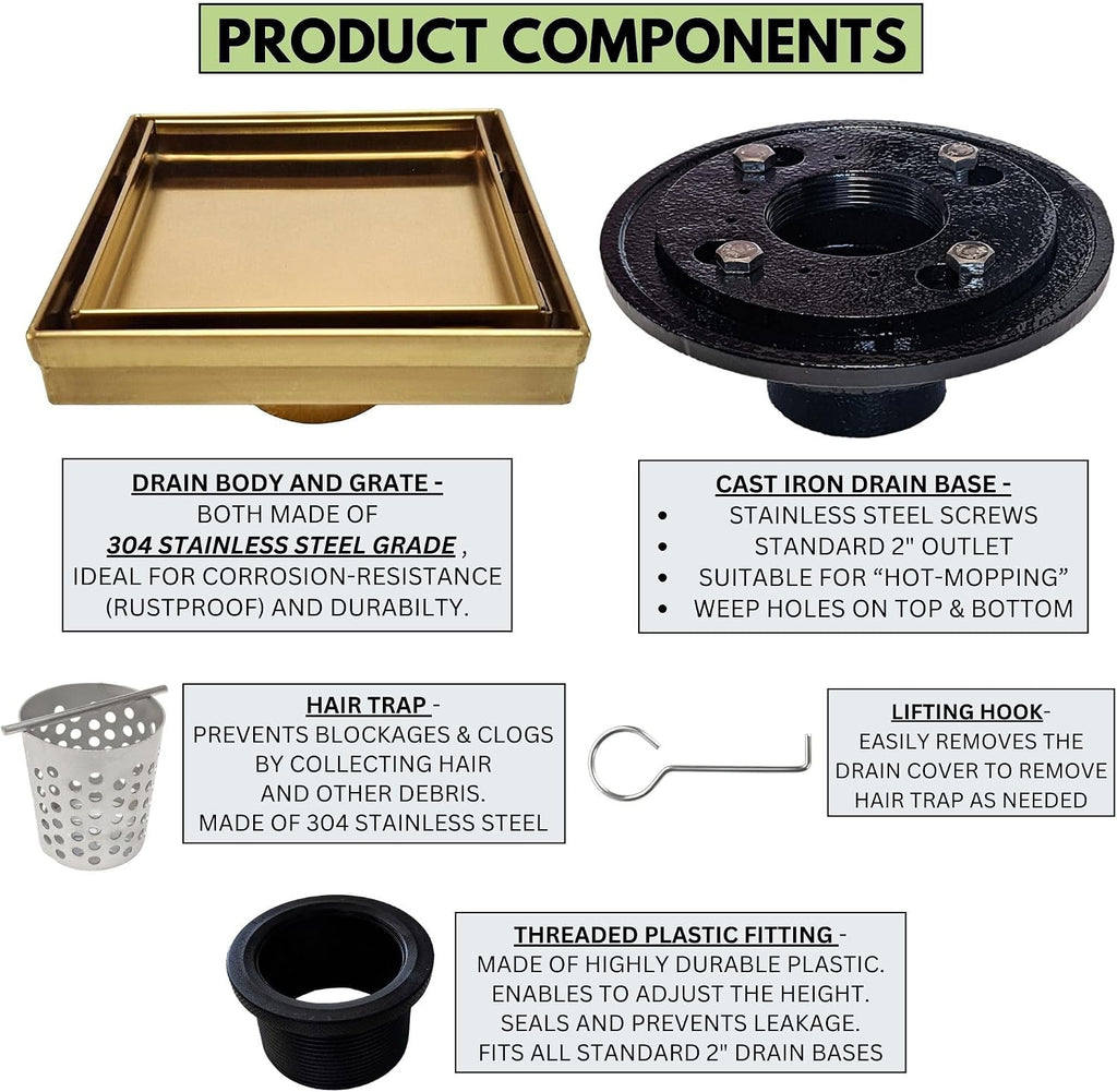 SereneDrains 304 Stainless Steel Tile in Square Brushed Gold Shower Drain Kit with A Base Hair Catcher Strainer Grate Brass Cover Bathroom Floor Insert (Matte Gold, Cast Iron)