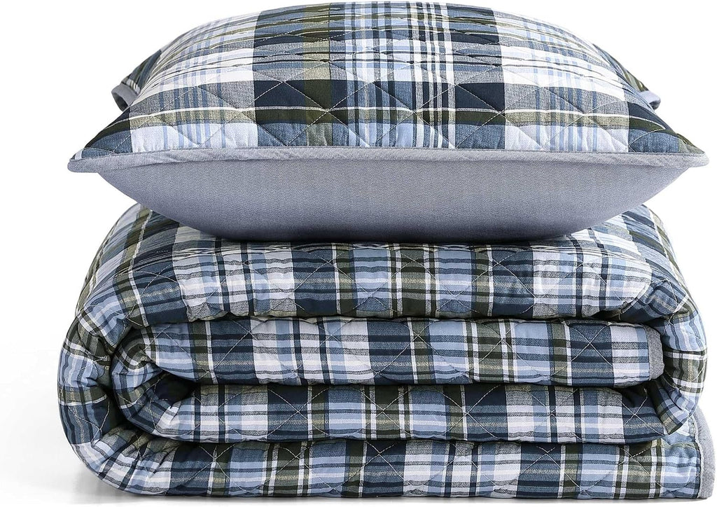Tommy Hilfiger - Queen Quilt Set, Soft Cotton w/Breathable Feel, Lightweight Bedding for Year Round Comfort, 3 Piece Bed Set w/Matching Pillowcases (Bleecker Plaid Blue)