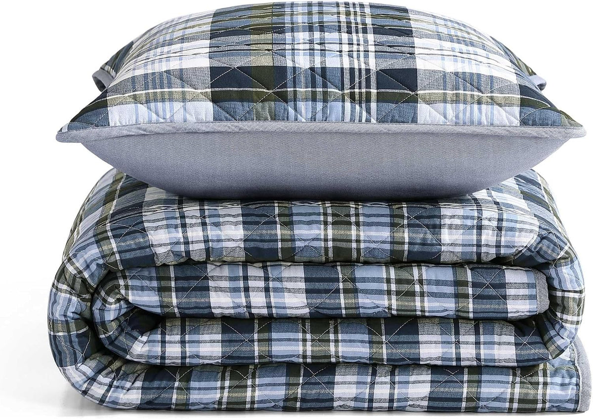 Tommy Hilfiger - Queen Quilt Set, Soft Cotton w/Breathable Feel, Lightweight Bedding for Year Round Comfort, 3 Piece Bed Set w/Matching Pillowcases (Bleecker Plaid Blue)