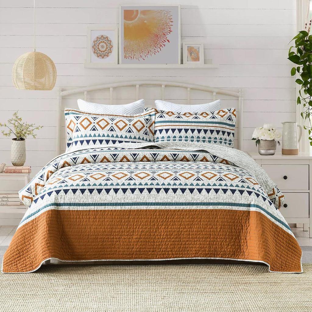 EWlinens Boho King Quilt Set - 100% Cotton Burnt Orange Quilts King Size, Bohemian Blue Lightweight Comforter Bedspread for King Bed, Soft Striped Geometric Quilt Bedding Set for All Season, 3 Pieces