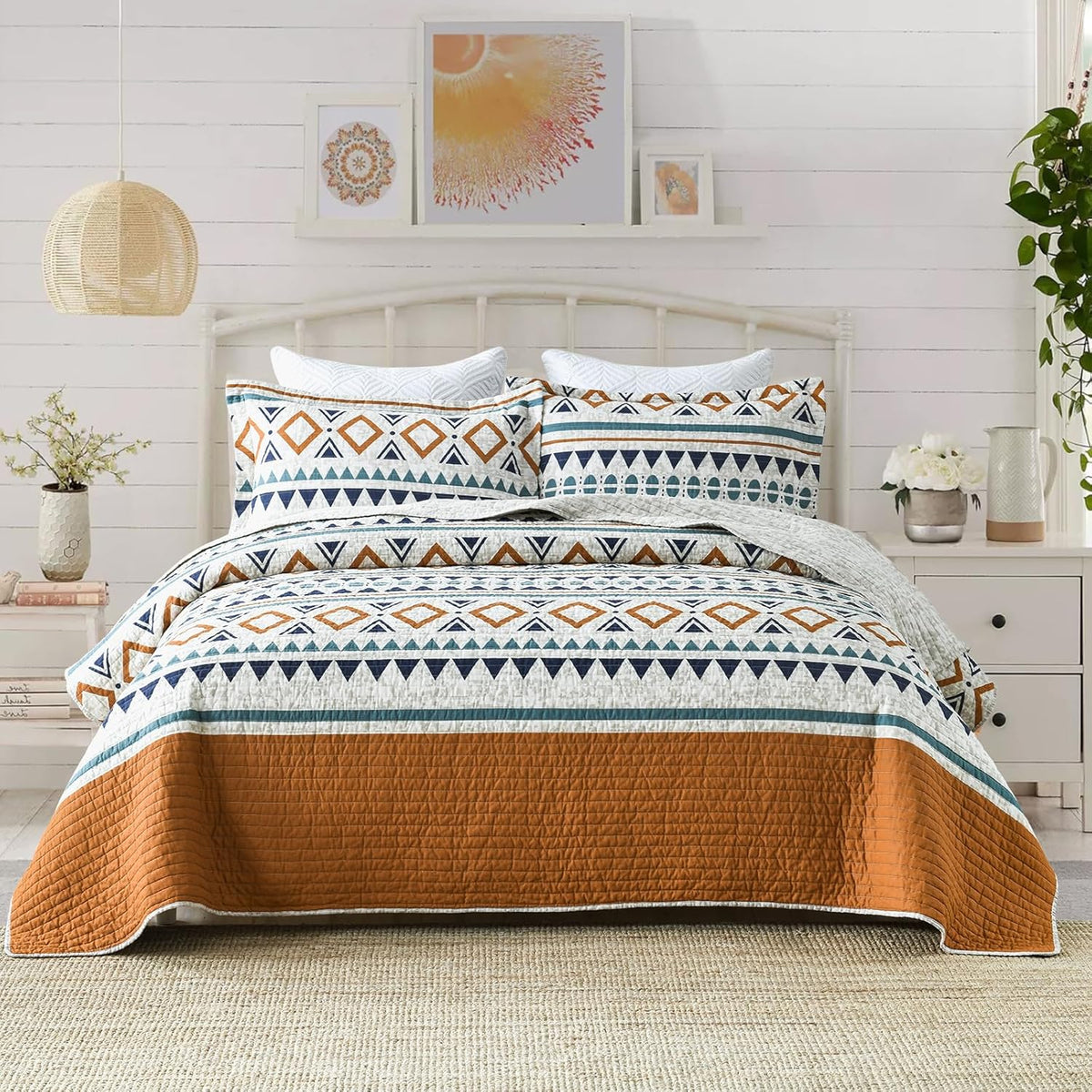 EWlinens Boho King Quilt Set - 100% Cotton Burnt Orange Quilts King Size, Bohemian Blue Lightweight Comforter Bedspread for King Bed, Soft Striped Geometric Quilt Bedding Set for All Season, 3 Pieces