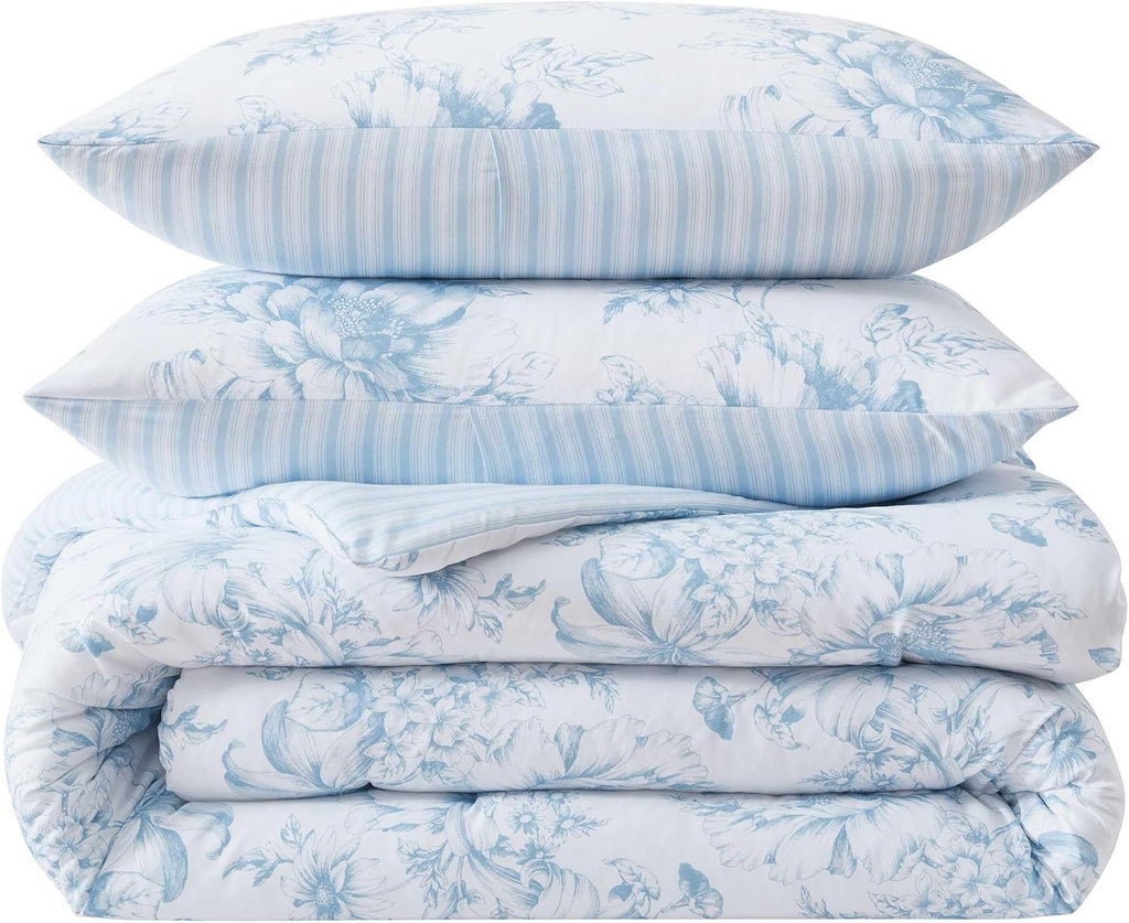 Laura Ashley - Queen Comforter Set, Soft & Reversible Floral Bedding with Bonus Bed Sheets & Pillowcases, 7 Piece Bed Set for Year Round Comfort (Delphine Saras/Sprig Blue)