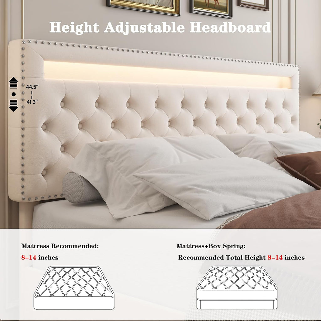 King LED Bed Frame with 4 Drawers, Platform Bed with Headboard, Adjustable Upholstered Diamond Headboard and Frame, No Box Spring Needed, Wooden Slats Support,Velvet Cream