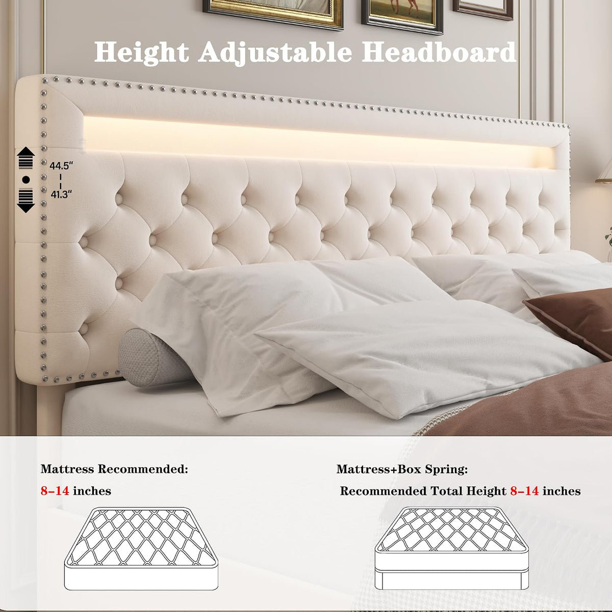 King LED Bed Frame with 4 Drawers, Platform Bed with Headboard, Adjustable Upholstered Diamond Headboard and Frame, No Box Spring Needed, Wooden Slats Support,Velvet Cream