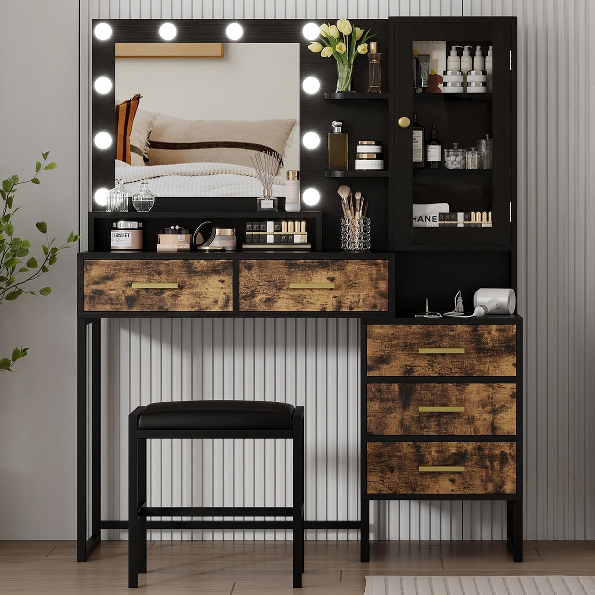Vanity Desk with Mirror, Makeup Desk Set with 3 Color Lights and Chair, Modern Vanity Table with Drawers and Shevles, Dressing Table with Charging Station for Bedroom, Black