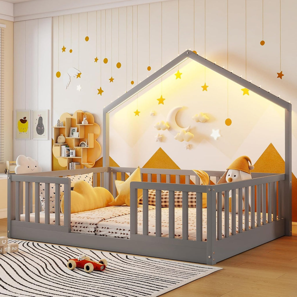 Full Size House Bed for Kids, Low Profile Full Montessori Bed with High Railings, Wood House Shape Montessori Beds with Light & Roof for Kids, Gray
