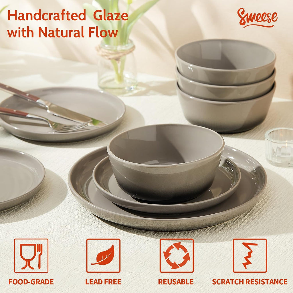 Sweese Porcelain Dinnerware Sets, Handpainted Plates and Bowls Set for 6, Scratch Resistant Dinner Set, Dishwasher and Oven Microwave Safe Dishes Set, Graphite Gray