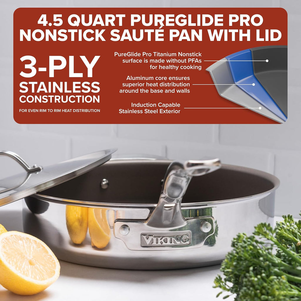 Viking PureGlide Pro 3-Ply Nonstick Sauté Pan with Lid, Made without PFAS, 4.5-Quart Induction Deep Frying Pan with Helper Handle, Metal Utensil Safe Titanium Nonstick Surface, Oven Safe to 600F