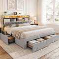 IKIFLY California King Bed Frames with 4 Drawers & Hidden Storage Headboard, Upholstered Cal King Platform Bed with LED Lights and Charging Station, No Box Spring Needed, Noise Free, Light Grey