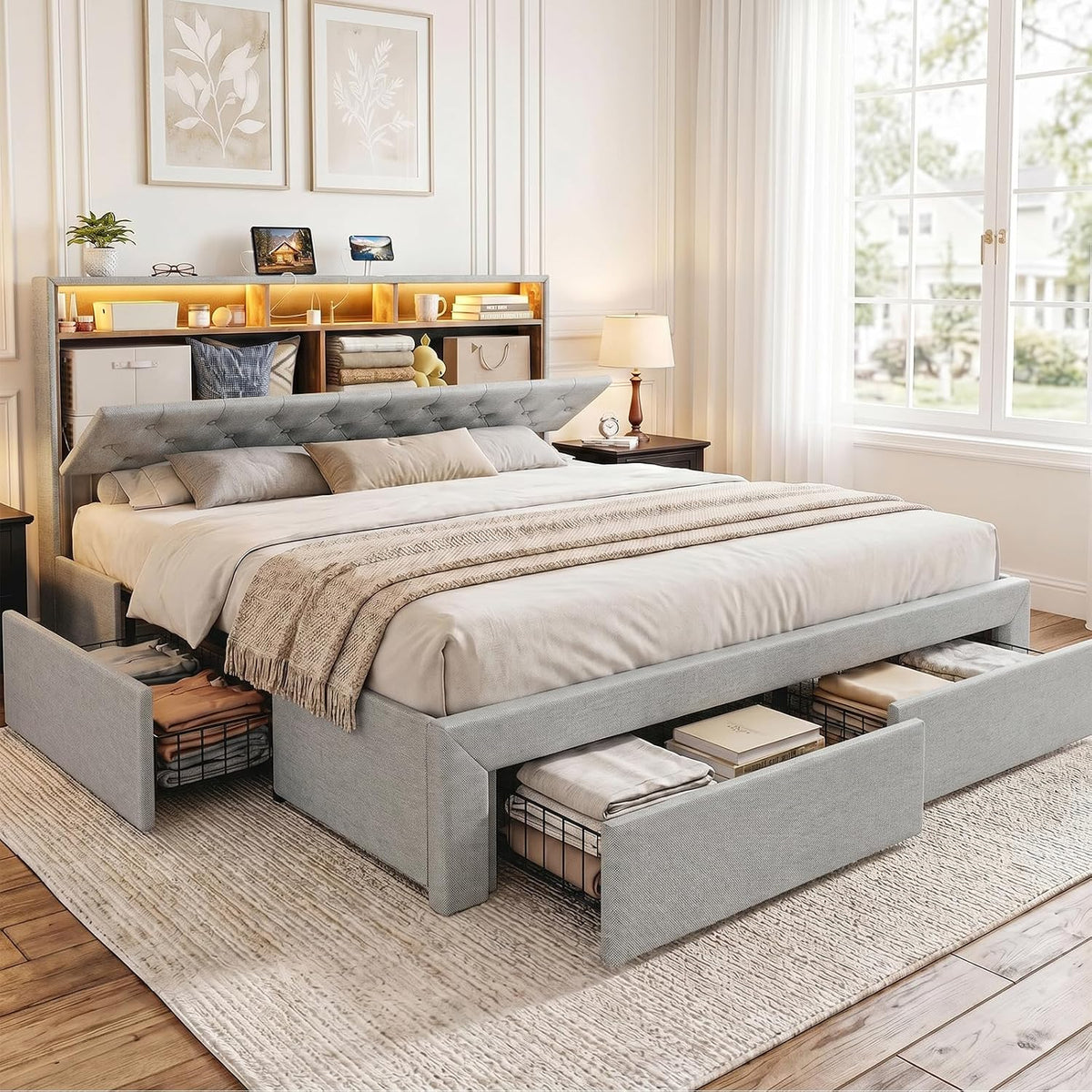 IKIFLY King Bed Frame with Hidden Storage Headboard, Upholstered King Size Storage Platform Bed with 4 Drawers & LED Lights, Type-C Charging Station, No Box Spring Needed, Noise Free, Light Grey