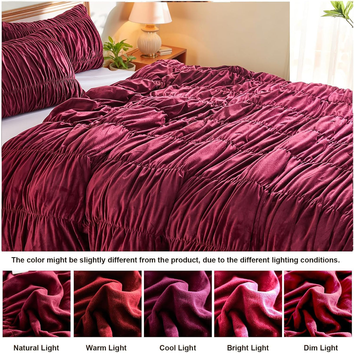 Bedbay Burgundy Velvet Queen Comforter Set,Boho Shabby Chic Ruched Bedding Comforter,Aesthetic Vintage Bedding Fluffy Ruffle Comforter Set,Ultra Soft Velvet Chenille Quilt Set,Red Full/Queen 3 Piece
