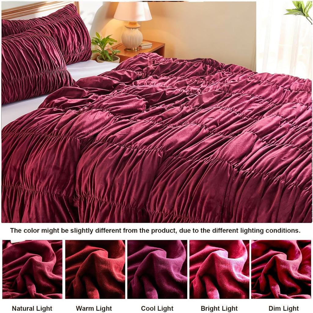 Bedbay Burgundy Velvet King Comforter Set,Boho Shabby Chic Ruched Bedding Comforter,Aesthetic Vintage Bedding Fluffy Ruffle Comforter Set,Ultra Soft Velvet Chenille Quilt Set,Red King 3 Piece