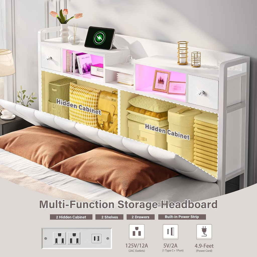 Homkdom Full Size Bed Frame with Hidden Storage - 4 Drawers,Diamond-Tufted Upholstered Headboard,LED Lights & Charging Station,1100 LBS Heavy Duty,No Box Spring Needed,Modern,White
