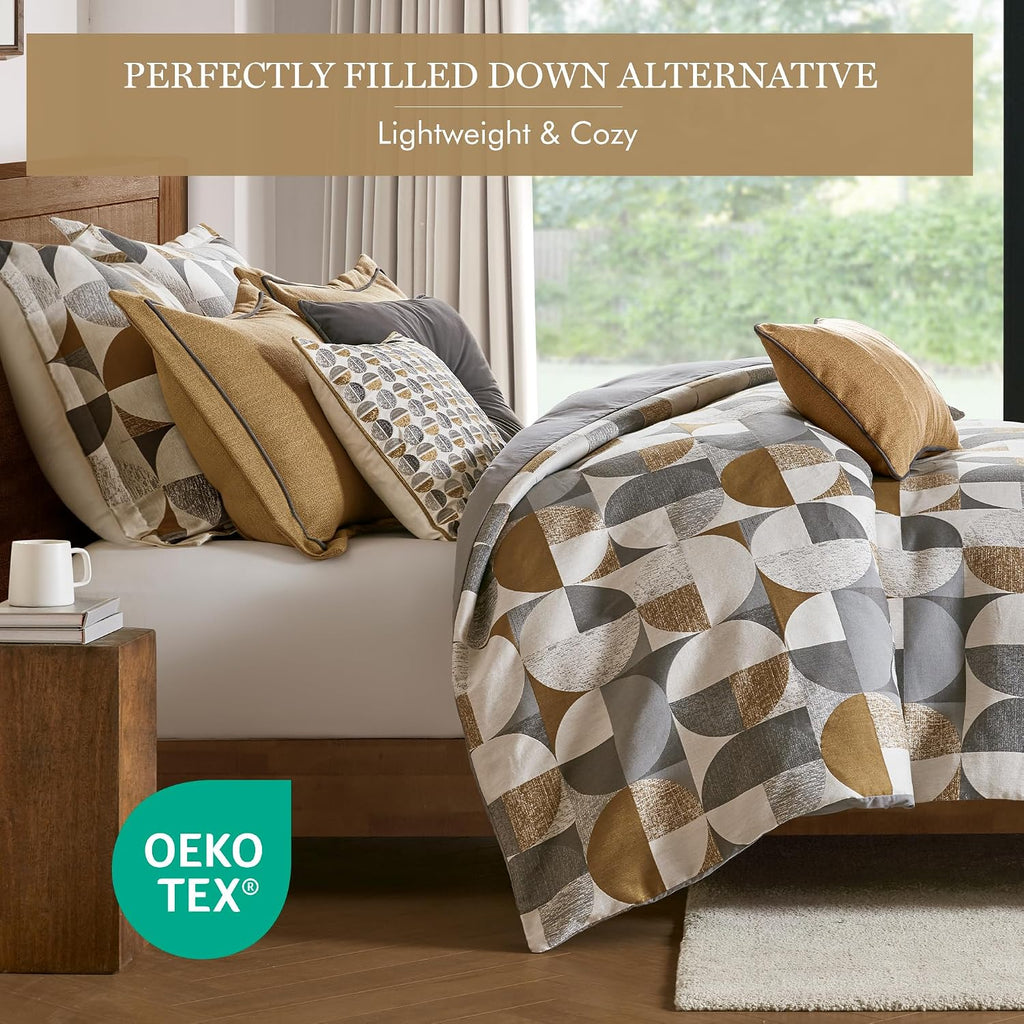 Madison Park Queen Comforter Set Jacquard Scandinavian Geometric Oversized Comforters Queen Size Bed, All Season Bedding Queen Size Comforter, Shams, Pillows, Cirque, Queen Gold 8 Piece