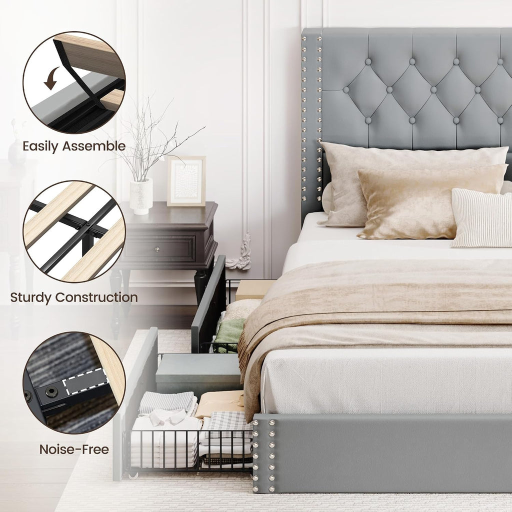 BRELTAM King Size Bed Frame with 4 Storage Drawers and Tufted Headboard Velvet Upholstered Platform Bed Frame with Heavy Duty Wood Slats, No Box Spring Needed, Bluish Grey