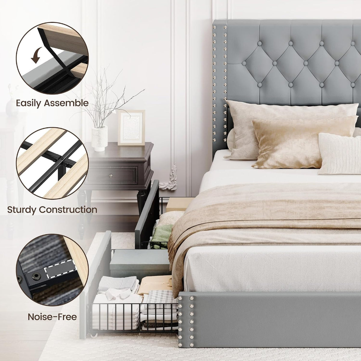BRELTAM King Size Bed Frame with 4 Storage Drawers and Tufted Headboard Velvet Upholstered Platform Bed Frame with Heavy Duty Wood Slats, No Box Spring Needed, Bluish Grey