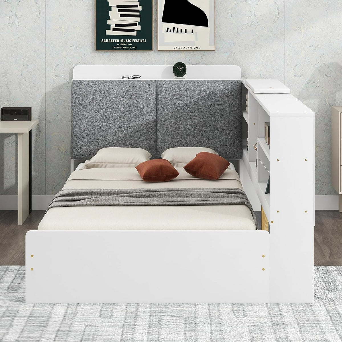 Merax Corner Twin Bed Frame, Wood Platform Bed with Storage Headboard, Twin Size Daybed with 2 Drawers and Rotatable Storage Board for Living Room,Bedroom,Guest Room,White