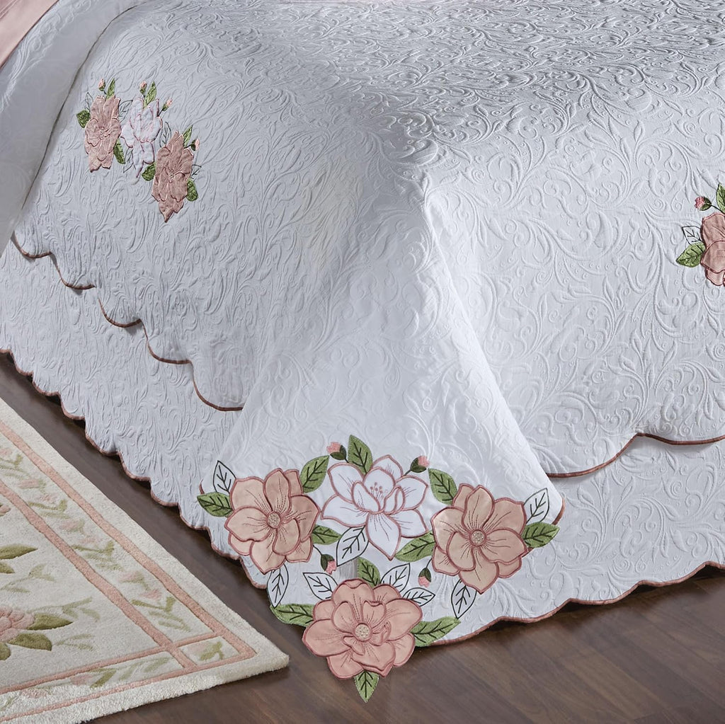 Lovington Floral Luxury Matelasse Bedding | Pink and White Velvet Flower Appliques | 11-Pc Bed Set: Oversized King Coverlet, Bedskirt, 2 King Shams, 2 Euro Shams, 2 Euro Inserts, & 3 Accent Pillows