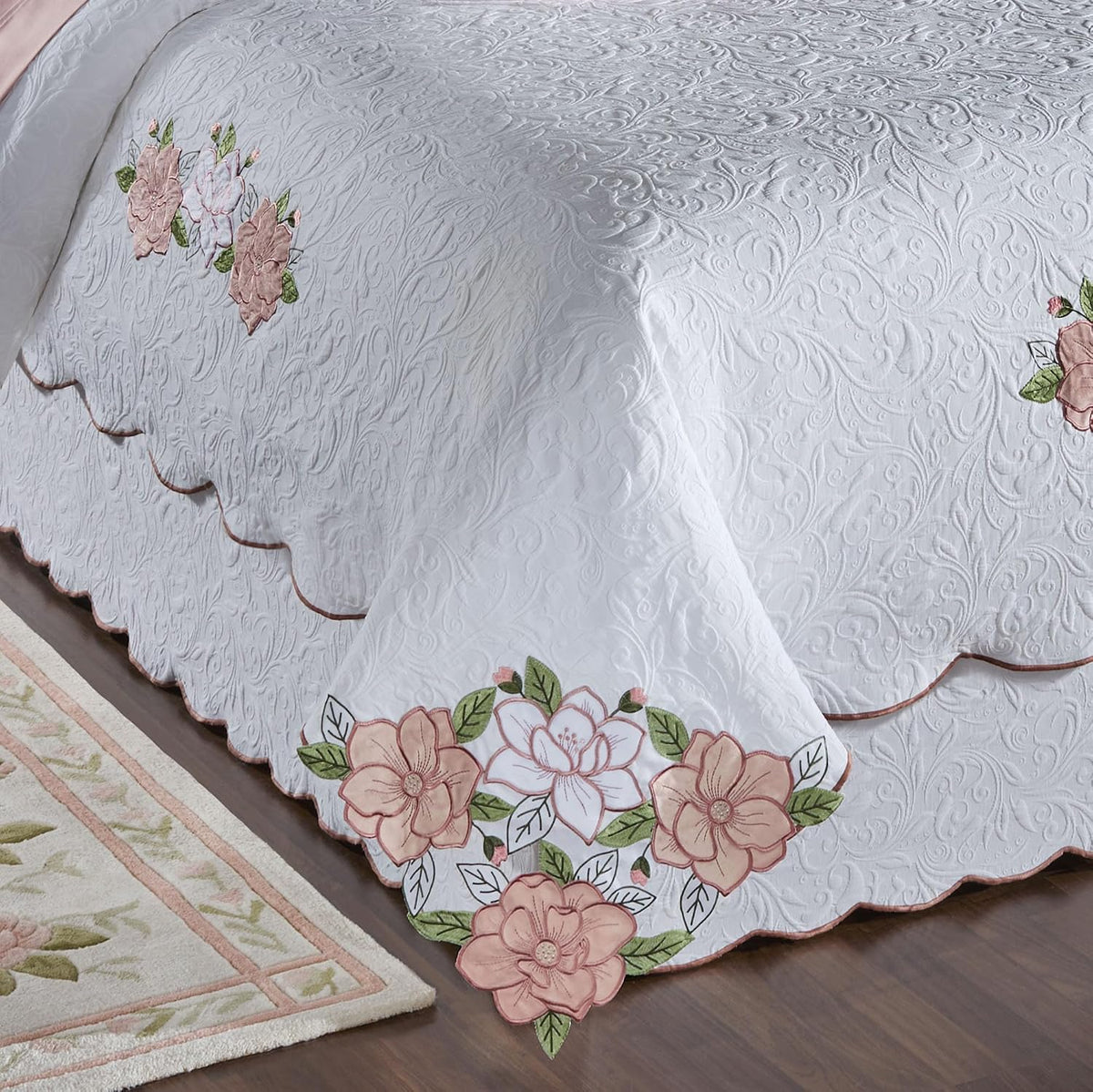 Lovington Floral Luxury Matelasse Bedding | Pink and White Velvet Flower Appliques | 11-Pc Bed Set: Oversize Cal King Coverlet, Bedskirt, 2 King Shams, 2 Euro Shams, 2 Euro Inserts, & 3 Accent Pillows