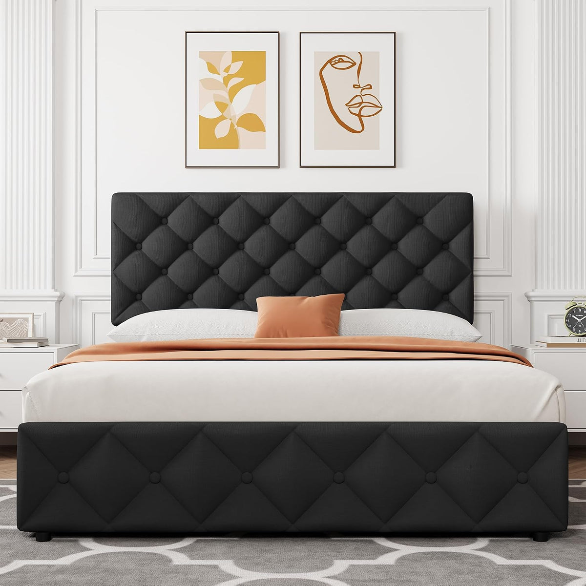 GarveeHome Full Size Bed Frame with 4 Storage Drawers and Adjustable Headboard, Linen Upholstered Platform Beds, Diamond Stitched Button Tufted, No Box Spring Needed, Black