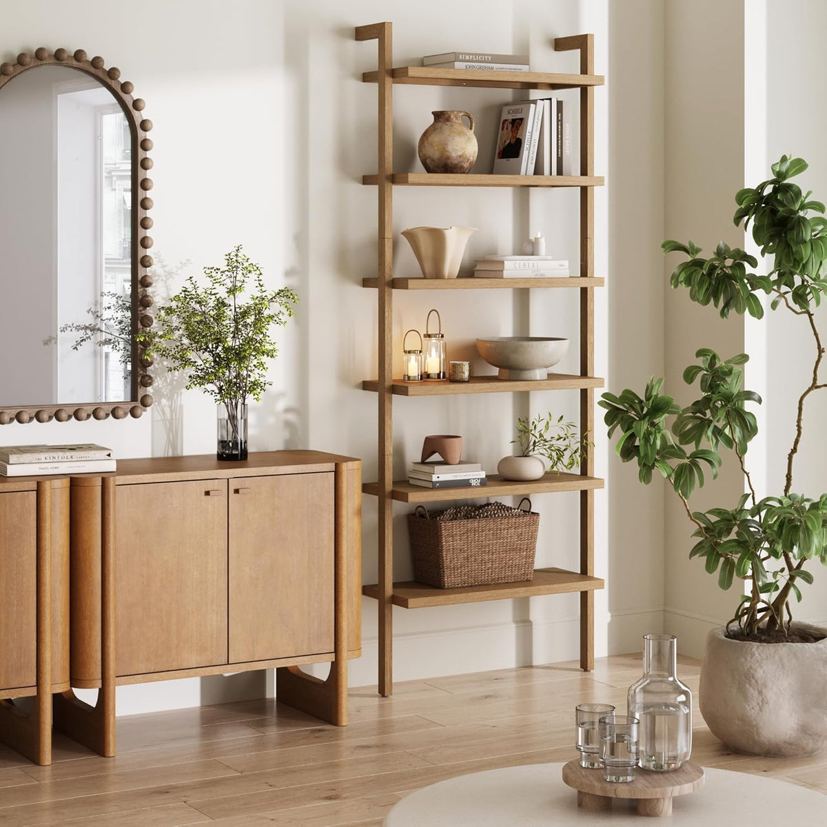 Nathan James Beacon Scandinavian 6-Shelf Wooden Wall Mounted Bookcase, Rustic Solid Wood Bookshelf, Light Brown