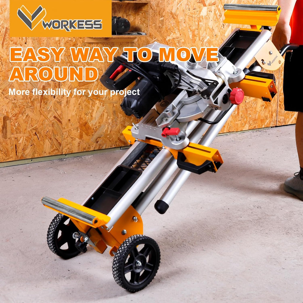 WORKESS Portable Miter Saw Stand with 6.75 in Wheels 330 lbs Load Capacity Heavy Duty Universal Mitre Saw Stand Tool Storage Trays WK-MS080