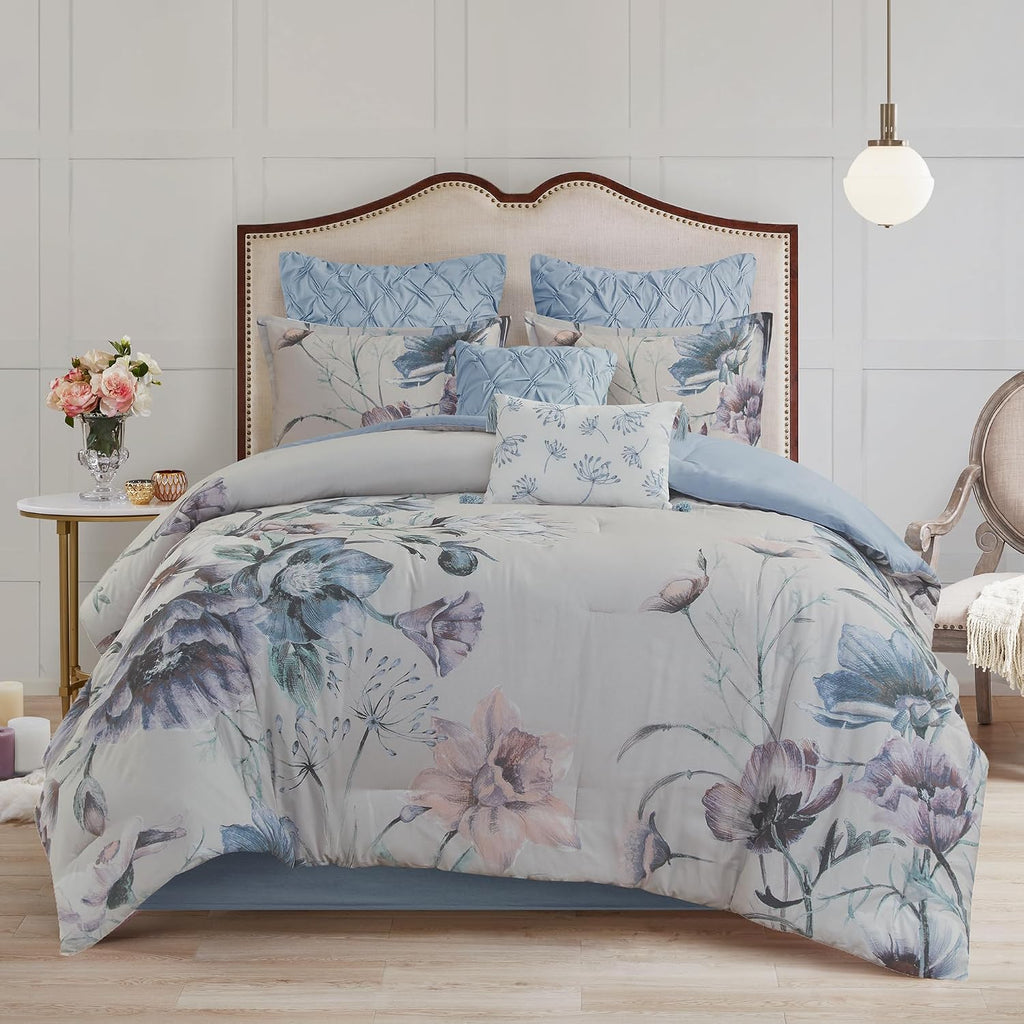 Madison Park Cassandra Cotton Blend Comforter Set - Feminine Design Colorful Floral Print, All Season Down Alternative Bedding Layer and Matching Shams, California King (104 in x 92 in), Blue 8 Piece