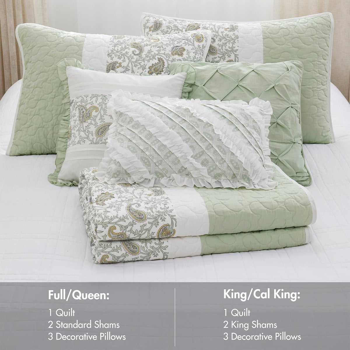 Madison Park King Quilt Set Cotton Coverlet Set with Cotton Filling for King Size Bed, All Season, Lightweight King Cotton Quilt Include Shams, & Décor Pillows, Dawn, King/Cal King Sage Green 6 Piece
