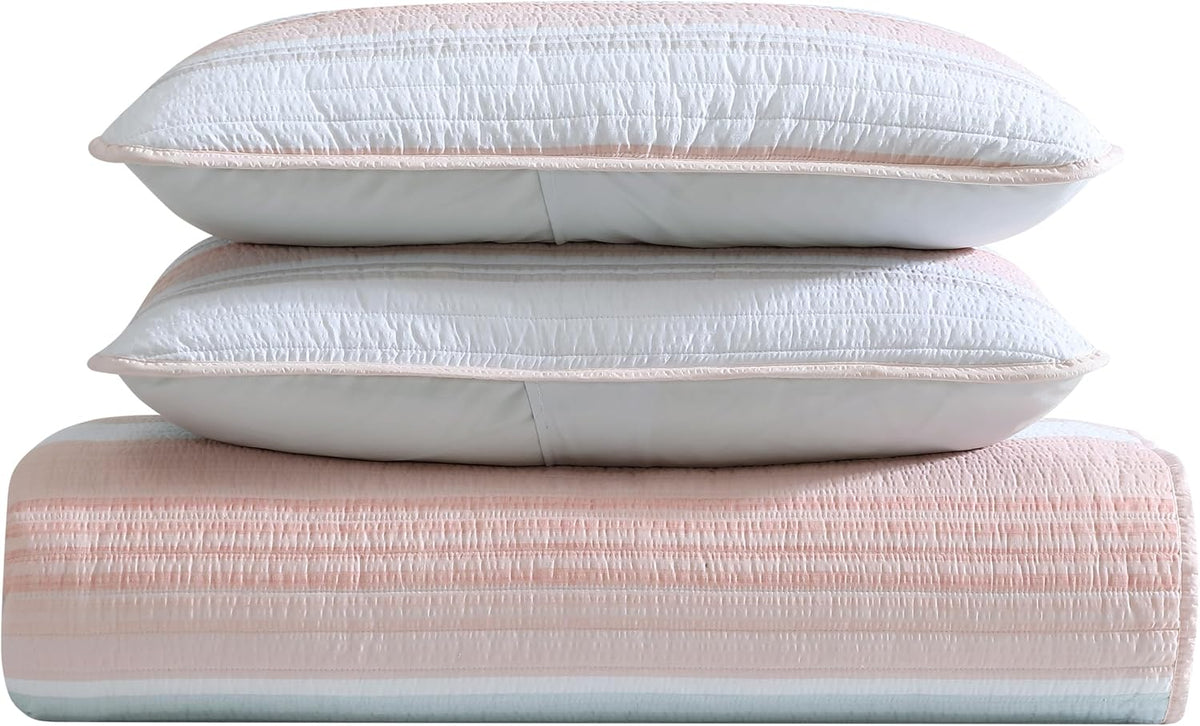Beatrice Home Fashions Coralinn Striped 3-Piece Quilt Set, Lightweight, All-Seasons, Full/Queen, Blush