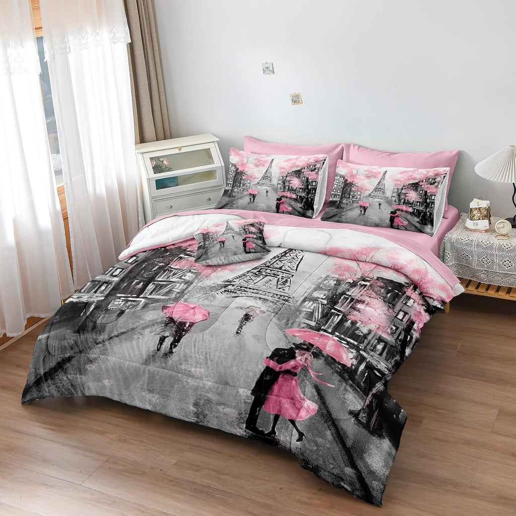 Merryword Eiffel Tower Comforter Set California King Size Bed in a Bag Sweet Couple Lovers Pink Paris Design Bedding with 1 Comforter, 4 Pillowcases, 1 Flat Sheet, 1 Fitted Sheet, 1 Cushion Cover
