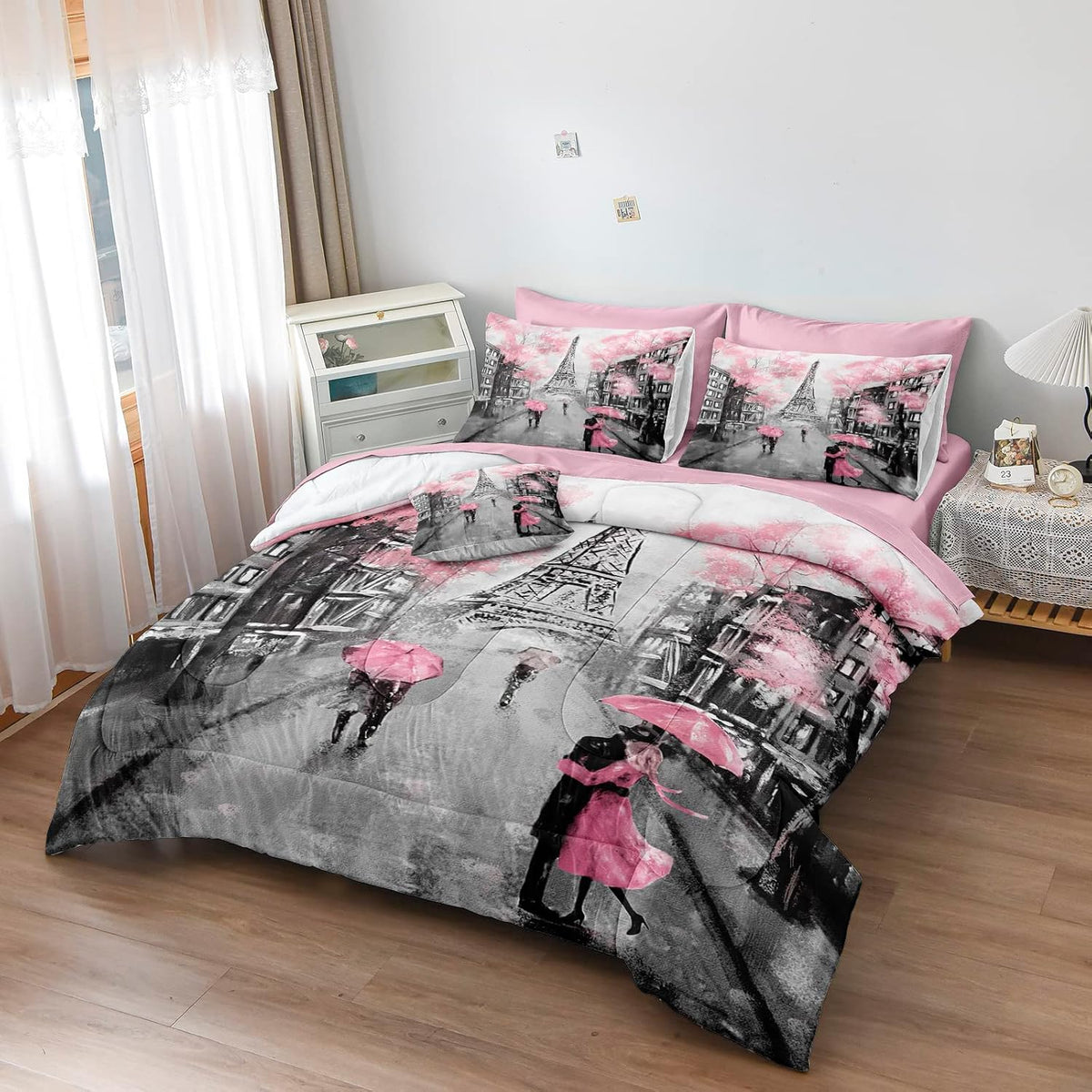 Merryword Eiffel Tower Comforter Set California King Size Bed in a Bag Sweet Couple Lovers Pink Paris Design Bedding with 1 Comforter, 4 Pillowcases, 1 Flat Sheet, 1 Fitted Sheet, 1 Cushion Cover