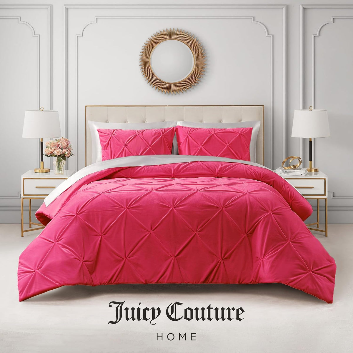 Juicy Couture Kiss Pleat Plush Micromink Hot Pink Full/Queen Comforter Set - Cozy 3 Piece Bedding Ensemble