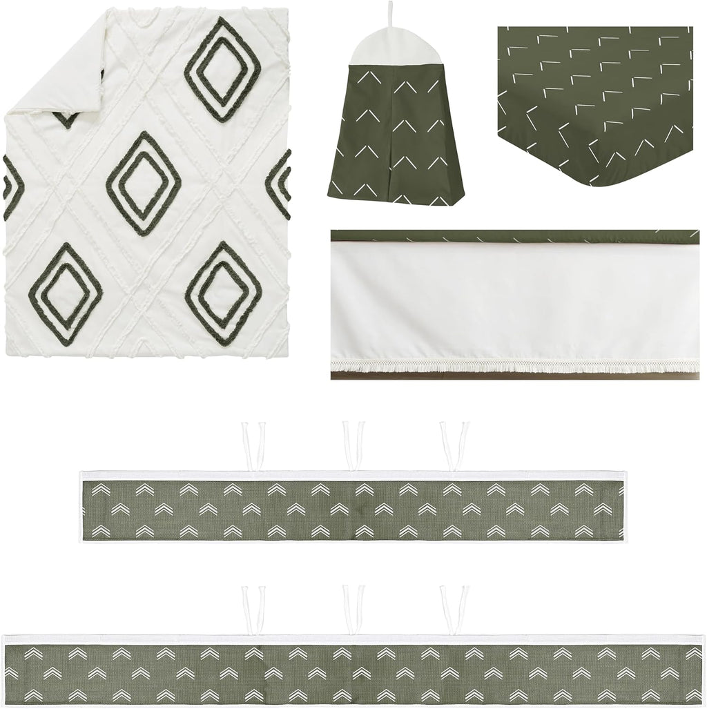Sweet Jojo Designs Dark Green Boho Arrow Boy Girl Unisex/Gender Neutral Baby Crib Bedding Set Infant Nursery Room BreathableBaby Breathable Mesh Crib Liner Blanket Fitted Sheet Skirt 6pc Bohemian Chic