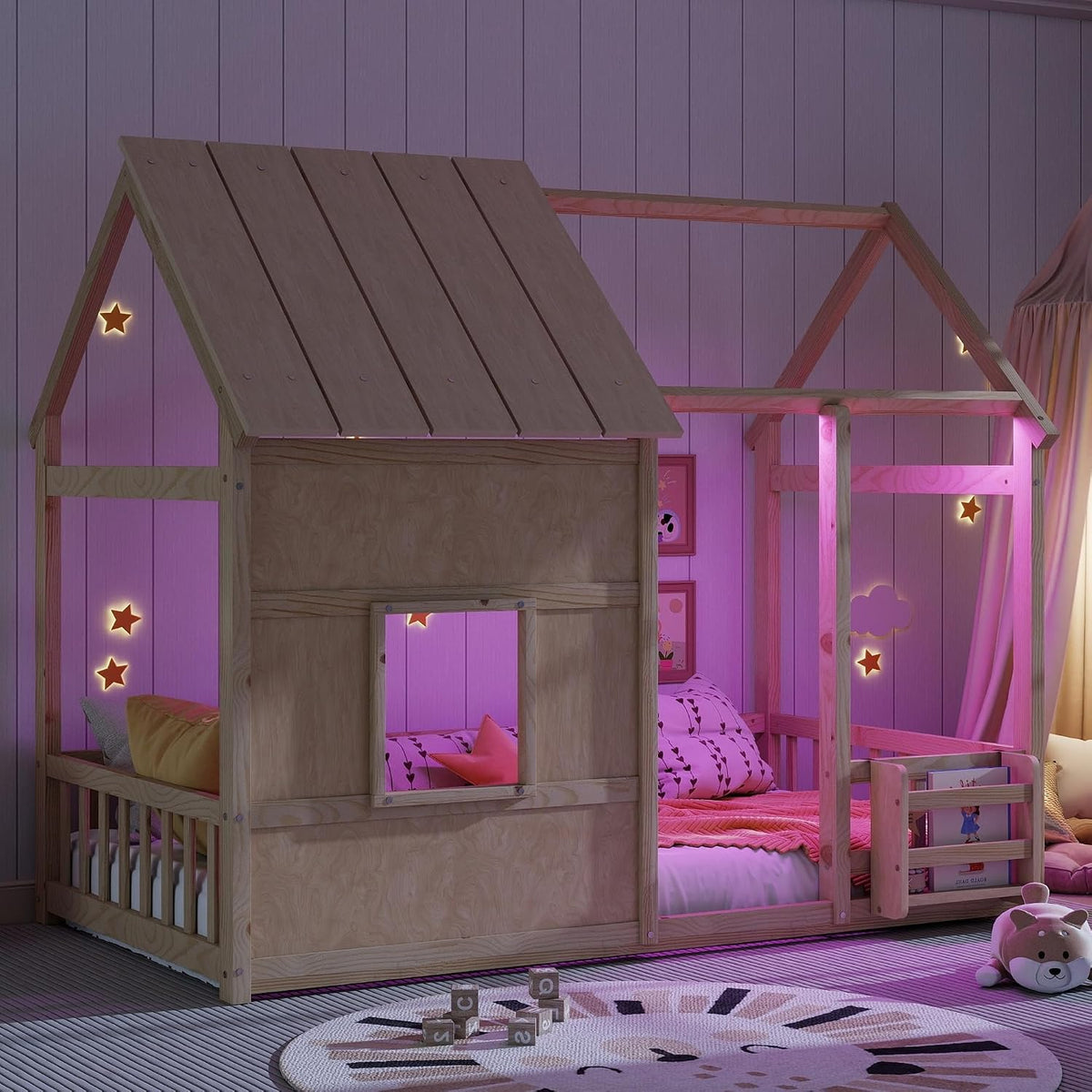 Twin Size House Floor Bed with 7 Colors LED Light and Book Shelf,for Kids Boys Girls Bedroom Use (Natural-Led/, Twin)
