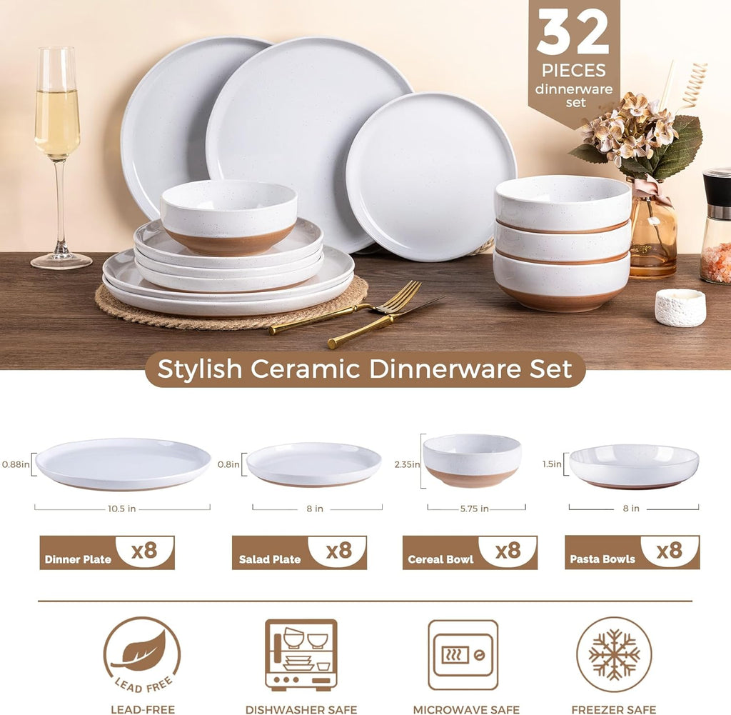AmorArc Ceramic Dinnerware Sets with Pasta Bowls for 8, Handpainted Plates and Bowls Set with Rustic Terracotta Underside, Scratch Resistant Dishes Set, Dishwasher & Microwave Safe, 32 Pcs