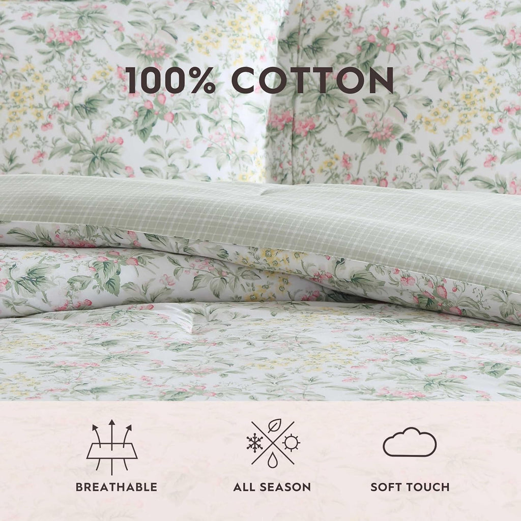 Laura Ashley - Full/Queen Comforter Set, Super Soft Cotton Bedding with Matching Sham, Botanical Design, Vintage Bed Essentials (Bramble Floral Pink, Full/Queen)