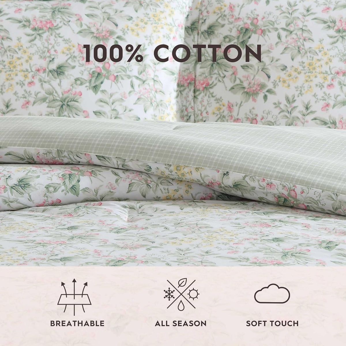 Laura Ashley - Full/Queen Comforter Set, Super Soft Cotton Bedding with Matching Sham, Botanical Design, Vintage Bed Essentials (Bramble Floral Pink, Full/Queen)
