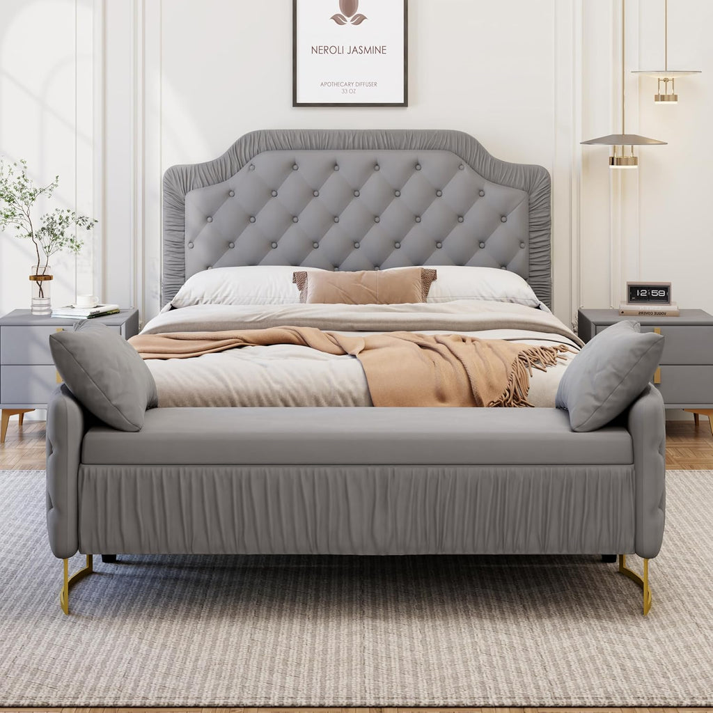 2-Pieces Bedroom Sets, Full Size Tufted Velvet Upholstered Platform Bed with Storage Ottoman Bench for Kids Teens Adult Bedroom, Wood Slat Support, No Box Spring Needed (Gray-2Z)