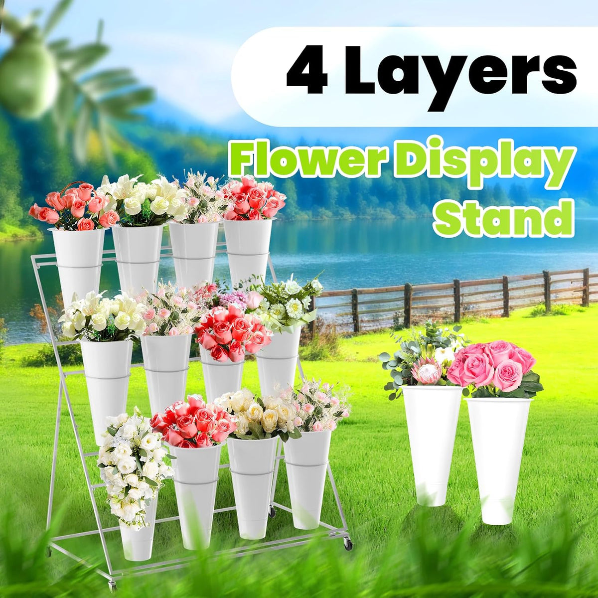 Flower Display Stand with 12 Buckets, 3 Layer Plant Stand with Wheels, Movable Plant Display Stand, Heavy Duty Moving Plant Cart Shelf for Indoor Outdoor