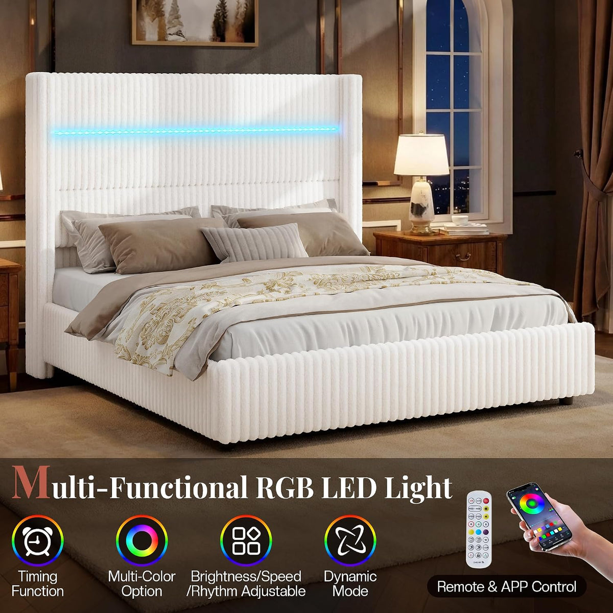 Jocisland King Size Corduroy Upholstered Bed Frame with 4 Storage Drawers & 51.2' Tall Wingback Headboard, LED Platform Bed with Charging Station, Easy Assembly, No Box Spring Needed, White