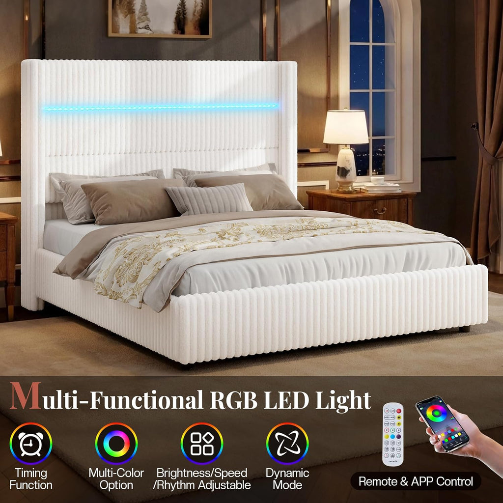 Jocisland Full Size Corduroy Upholstered Bed Frame with 4 Storage Drawers & 51.2' Tall Wingback Headboard, LED Platform Bed with Charging Station, Easy Assembly, No Box Spring Needed, White