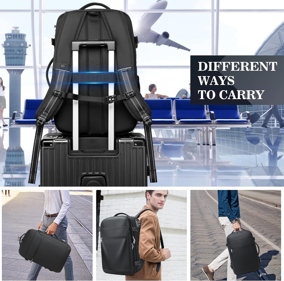 POSO Vacuum Backpack Travel – Expandable Compression Carry On Backpack with Vacuum Pump, Water-Resistant TSA Lock Travel Bag, 17' Laptop Backpack for Men Women, Business Airplane Flight Luggage